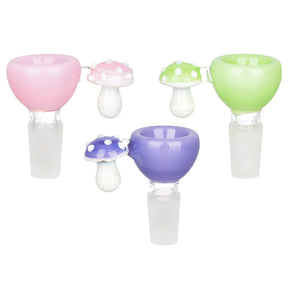 Assorted Micro Shroom Herb Slides in 14mm, featuring borosilicate glass with colorful mushroom caps