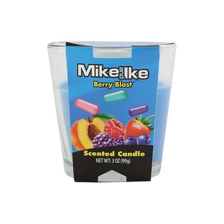 Mike and Ike Berry Blast Scented Candle in glass, blue label, compact 3 oz size, ideal for home decor