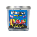 Mike and Ike Berry Blast scented candle with triple wick in a clear jar, front view