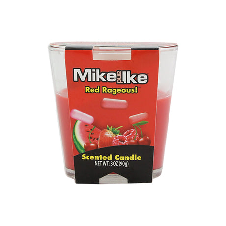 Mike and Ike Red Rageous scented candle, 3 oz soy wax blend, front view on seamless white background