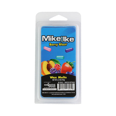 Front view of Mike and Ike Berry Blast scented soy wax melt in 2.5oz packaging, ideal for home fragrance