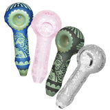 Milkyway Glass Buddha Hand Pipes in various designs with intricate etchings, top view