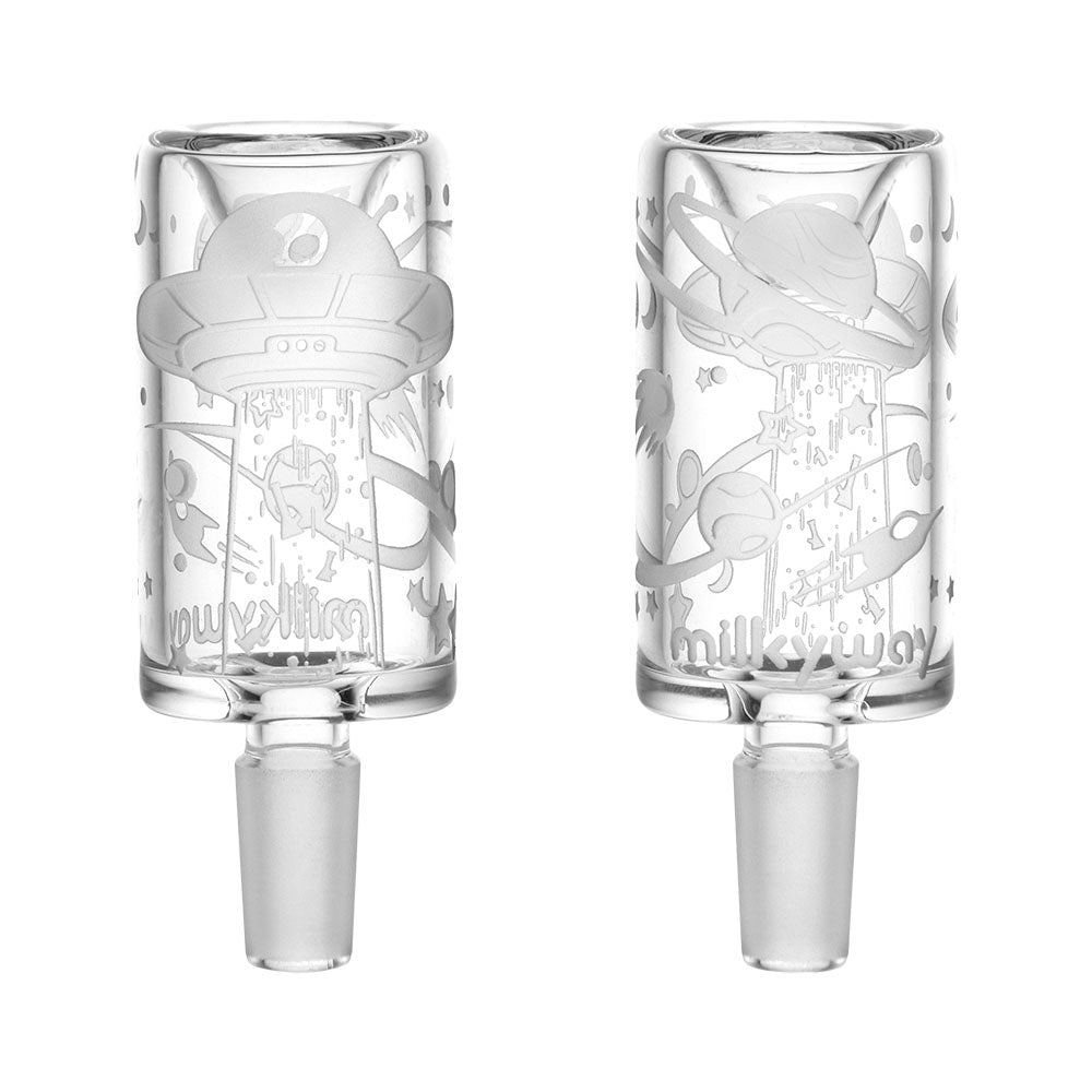 Milkyway Glass Extraction Herb Slide 14mm with intricate etched design, front and angled views