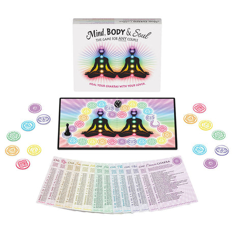 Mind, Body & Soul Board Game for couples with colorful chakra pieces, front view on white background