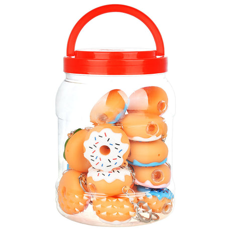 Assorted Mini Donut Silicone Pipes by Eyce in a clear jar, compact 2.25" travel-friendly design