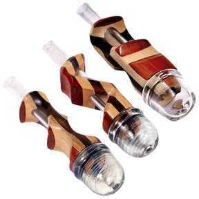 Mixed Wood 'n' Glass Hybrid Pipes for Dry Herbs, 3.75" Length, Angled View