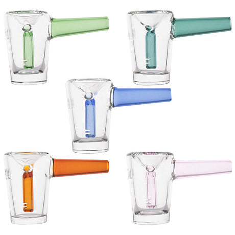 Assorted MJ Arsenal Basin Mini Bubblers with colorful downstems, compact 3.5" borosilicate glass