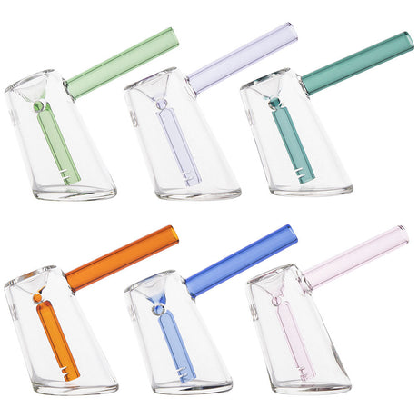Assorted MJ Arsenal Fulcrum Mini Bubblers with colorful accents, compact 4" borosilicate glass