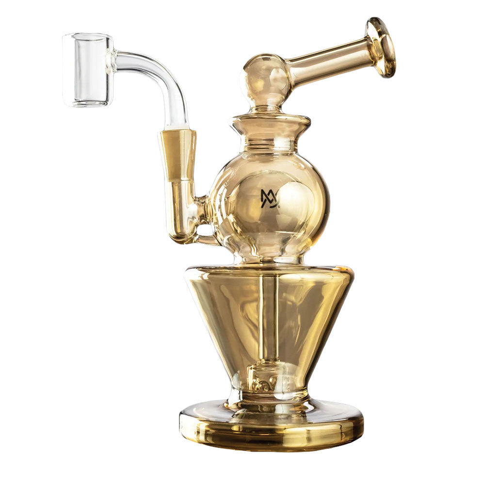 MJ Arsenal Gemini Mini Rig in Gold, 6.5" tall with a 10mm female joint, front view on white background