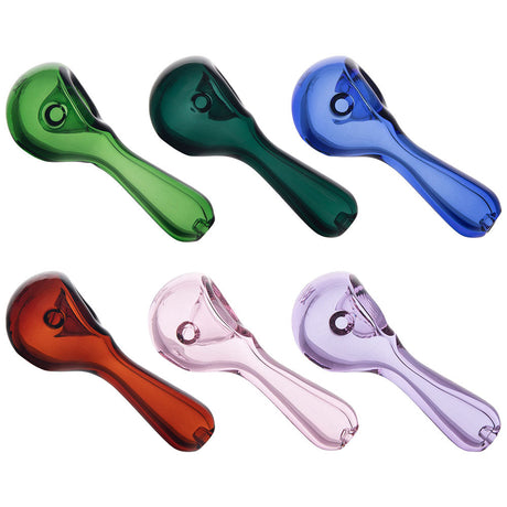Assorted MJ Arsenal Pioneer Glass Hand Pipes in vibrant colors, compact 3.75" size, top view
