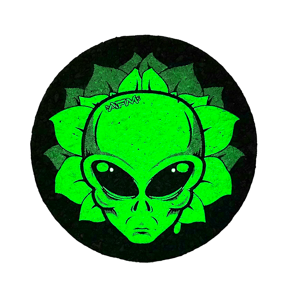 AFM 5" Alien Head Circle Mood Mat for Home Decor, Top View, Vibrant Green on Black