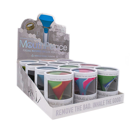 Mouthpeace Starter Kit display with 12 silicone mouthpieces in various colors, front view