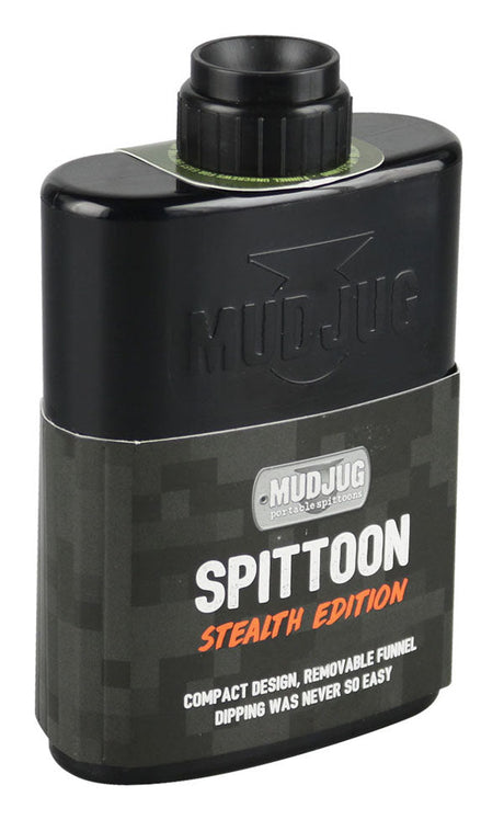 Black Mud Jug Stealth Spittoon, 4oz, front view on white background, compact and portable design