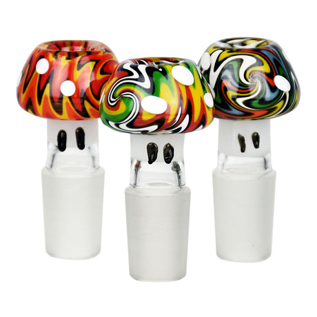 Trio of Multi-Color Swirl Mushroom Glass Herb Slides for Bongs, Front View