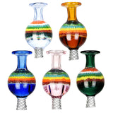 Assorted colors multi-directional ball carb caps made of borosilicate glass, front view