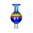 Borosilicate glass multi-directional ball carb cap with rainbow design on white background
