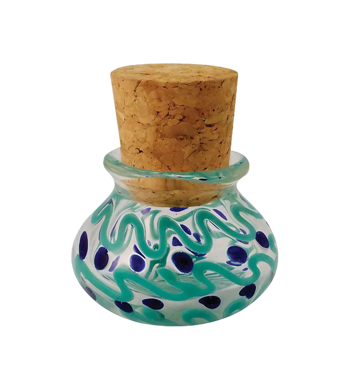 Colorful glass jar with blue squiggles and dots design, cork lid, front view on white background