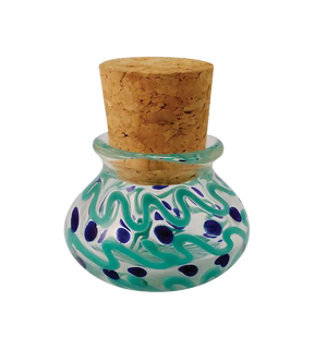 Colorful glass jar with blue squiggles and dots design, cork lid, front view on white background