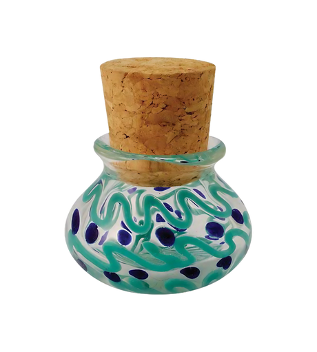 Colorful glass jar with blue squiggles and dots design, cork lid, front view on white background