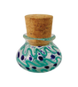 Colorful glass jar with blue squiggles and dots design, cork lid, front view on white background