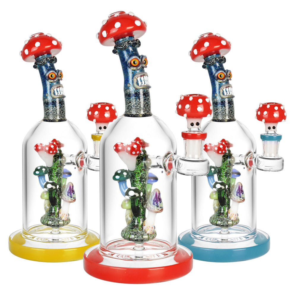 Mushroom Family Borosilicate Glass Water Pipes with colorful accents, 10 inches tall