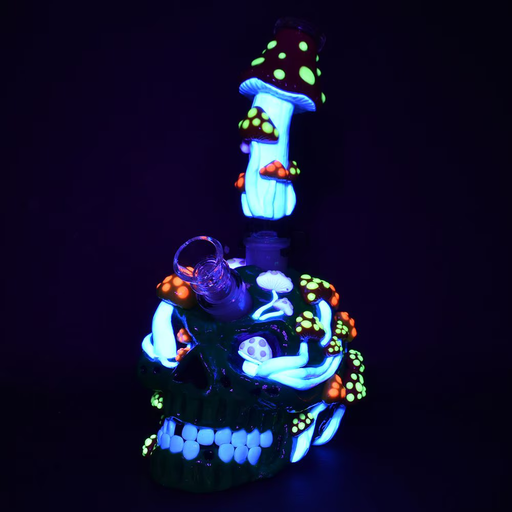 Mushroom Garden Sugar Skull Glow Glass Water Pipe | 10" | 19mm F