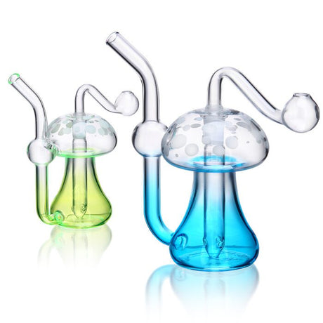 1Stop Glass Mushroom Hand Pipes in Blue, Green, and Pink, 5 Inch Borosilicate Glass, Front View