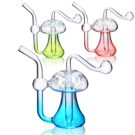 1Stop Glass Mushroom Hand Pipes in Blue, Green, Pink, Front View, 5-inch Borosilicate for Dry Herbs