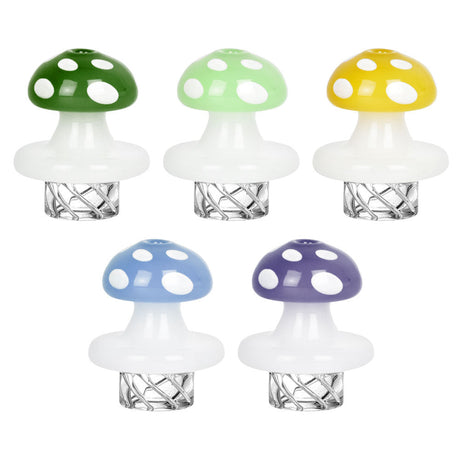 Assorted colors Mushroom Helix 32mm Carb Caps on white background, ideal for dab enthusiasts