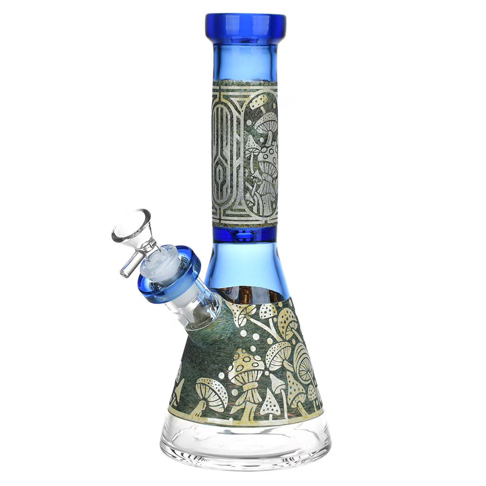 Mushroom Melange Etched Glass Beaker Water Pipe | 9" | 14mm F | Colors Vary