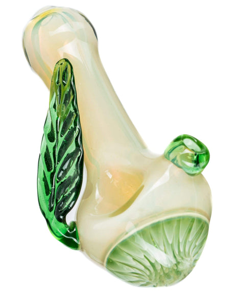 Valiant Distribution Mushroom Milli Spoon Pipe with green leaf accents, portable 4.5" size