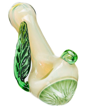 Valiant Distribution Mushroom Milli Spoon Pipe with green leaf accents, portable 4.5" size