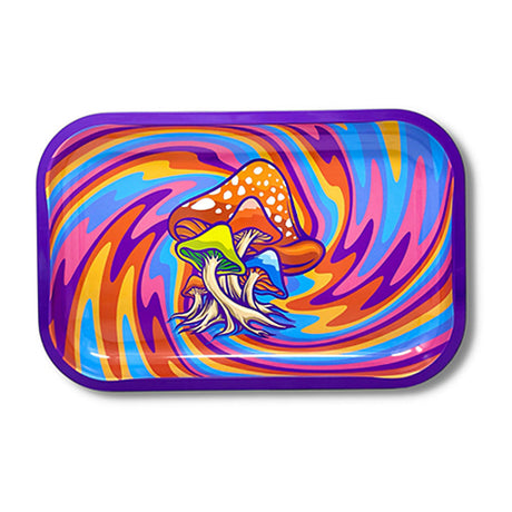 Vibrant Mushroom Rainbow Swirl Metal Rolling Tray, Top View, 11.25" x 7.5" Size