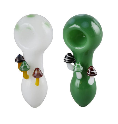 Mushroom Spoon Hand Pipes - 4" Borosilicate Glass, White & Green with Mushroom Designs