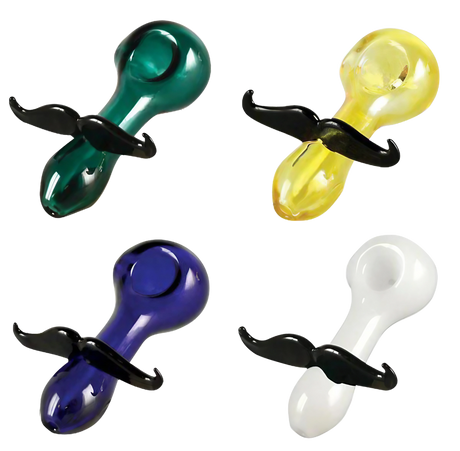 Assorted Mustache Glass Spoon Pipes in green, yellow, blue, and white for dry herbs, 4.25" size