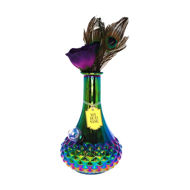 My Bud Vase "Aurora" Bong with iridescent rainbow design, 45-degree joint, for dry herbs, front view