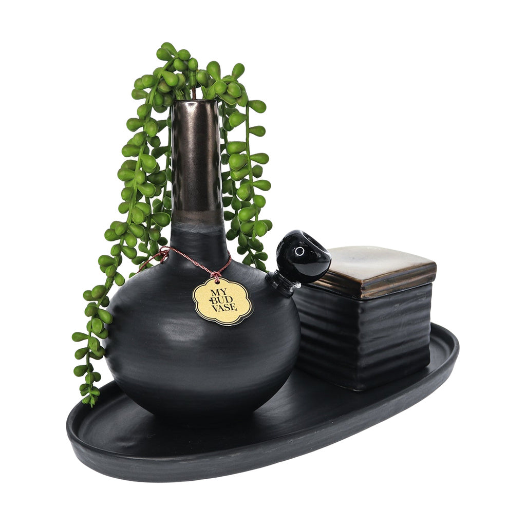 My Bud Vase "DeAngelo" Pipe - Black, with Stash Storage, Front View on Display Tray