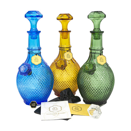 My Bud Vase "Jewel" Bongs in blue, yellow, and green with elegant design and accessories