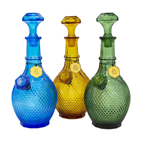 My Bud Vase "Jewel" Bongs in blue, yellow, and green with textured design, front view