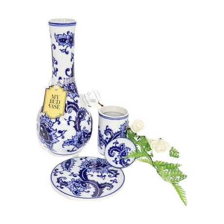 My Bud Vase "Joy" Bong in blue and white with floral design, displayed with matching stash jar and coaster