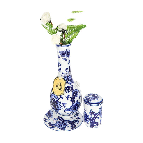 My Bud Vase "Joy" Bong in blue and white with floral design, front view on white background