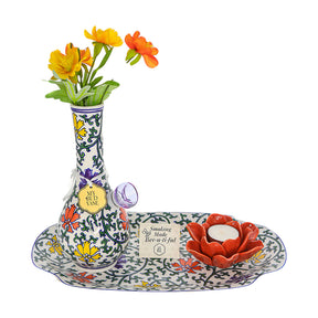 My Bud Vase "Lotus" decorative bong with floral design and matching tray, front view on white background