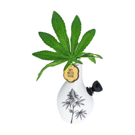 My Bud Vase "Love Bud" Bong with cannabis leaf design and elegant vase shape, front view on white background