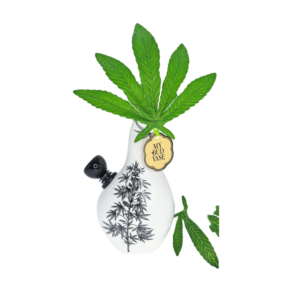 My Bud Vase "Love Bud" Bong with elegant floral design and hemp leaf accents