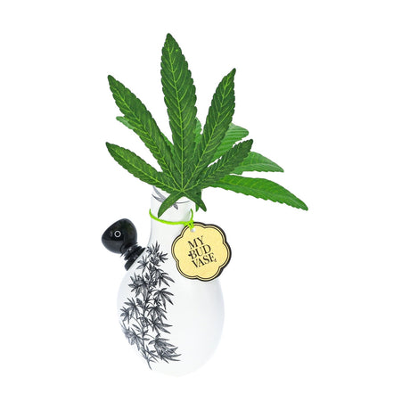 My Bud Vase "Love Bud" Bong with cannabis leaf design and tag, front view on white background