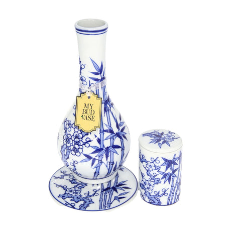 My Bud Vase "Luck" Bong in blue and white ceramic with floral design, including matching stash jar