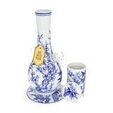 My Bud Vase "Luck" Bong in blue and white ceramic with floral design, front view with matching stash jar