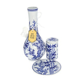 My Bud Vase 'Luck' Bong in blue and white ceramic with floral design, including matching stash jar
