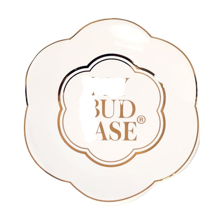 My Bud Vase Logo Rolling Tray in elegant white with gold trim, top view, perfect for rolling