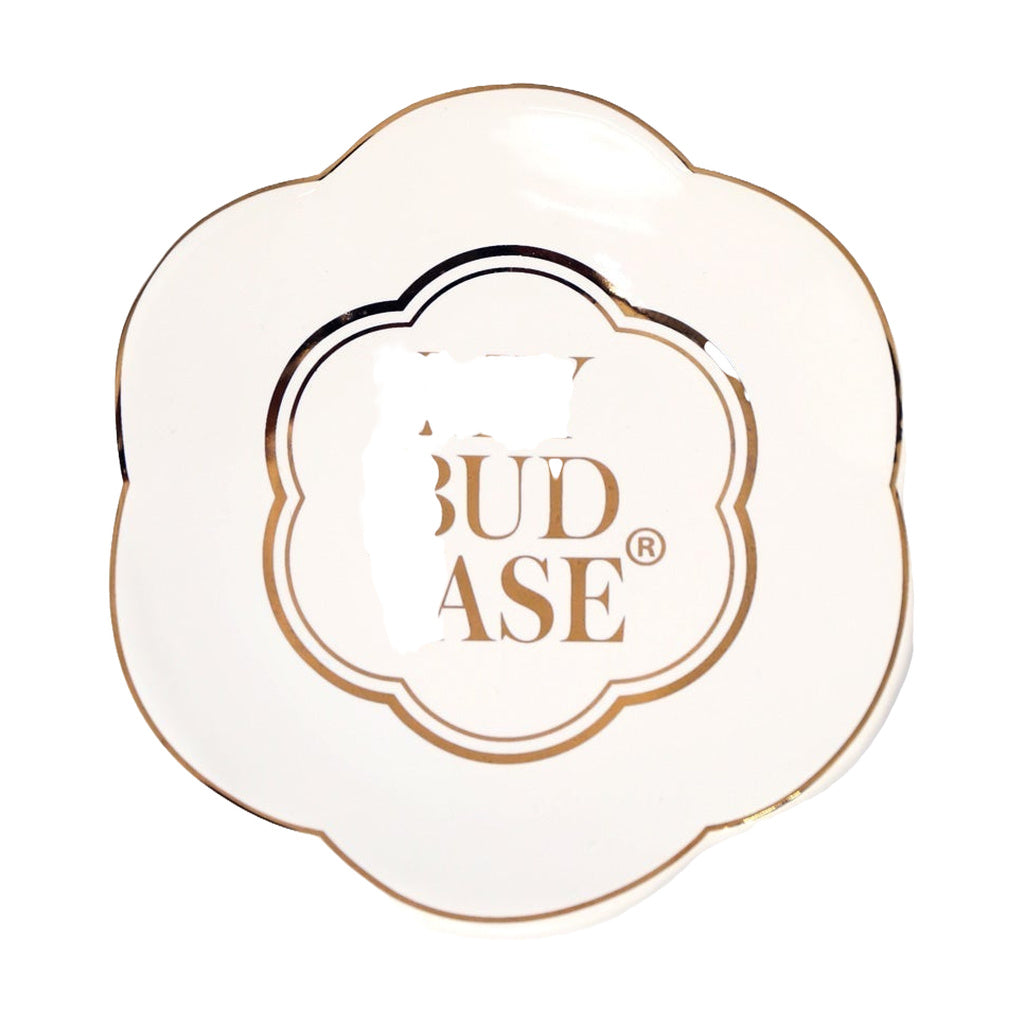 My Bud Vase Logo Rolling Tray in elegant white with gold trim, top view, perfect for rolling
